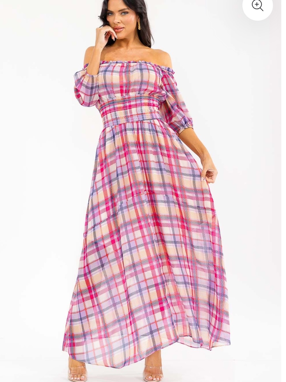 Off-Shoulder Pink Plaid Maxi Dress